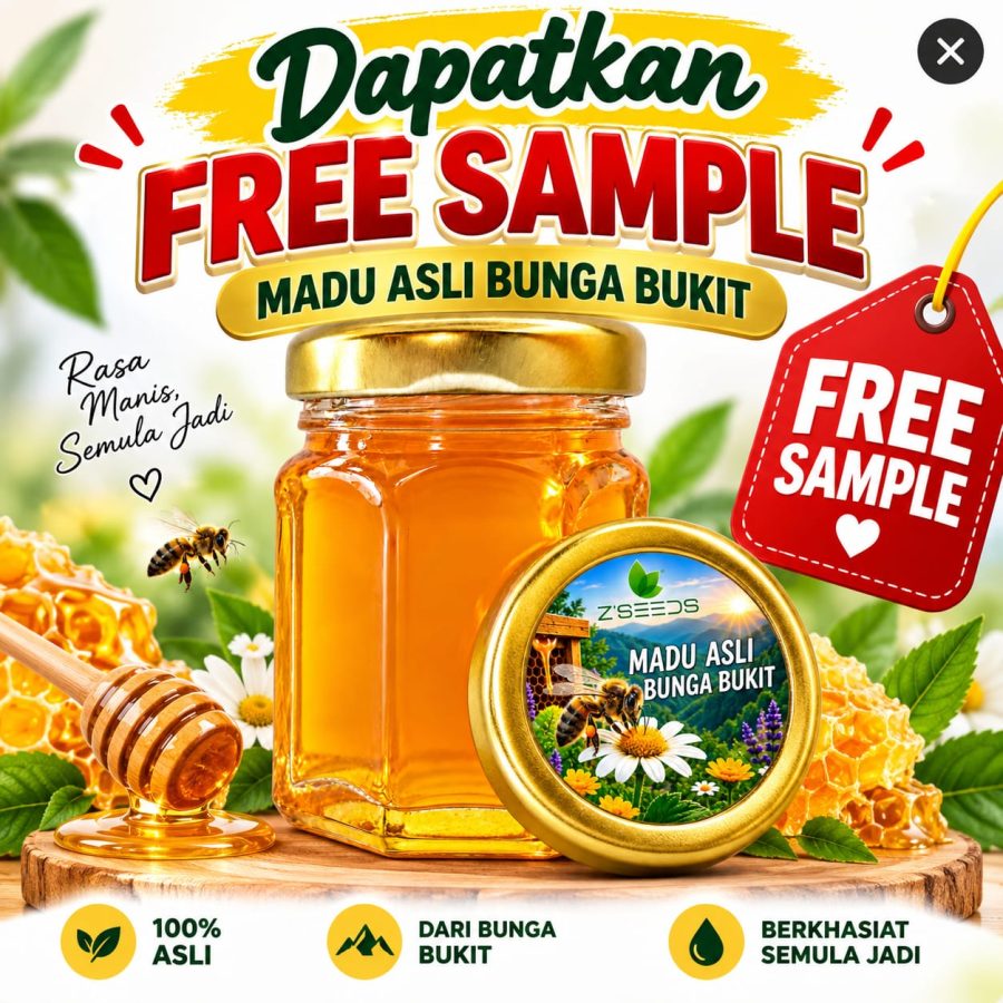 Dapatkan free sample Madu Asli Bunga Bukit — 100% asli, dari bunga bukit, berkhasiat semula jadi.